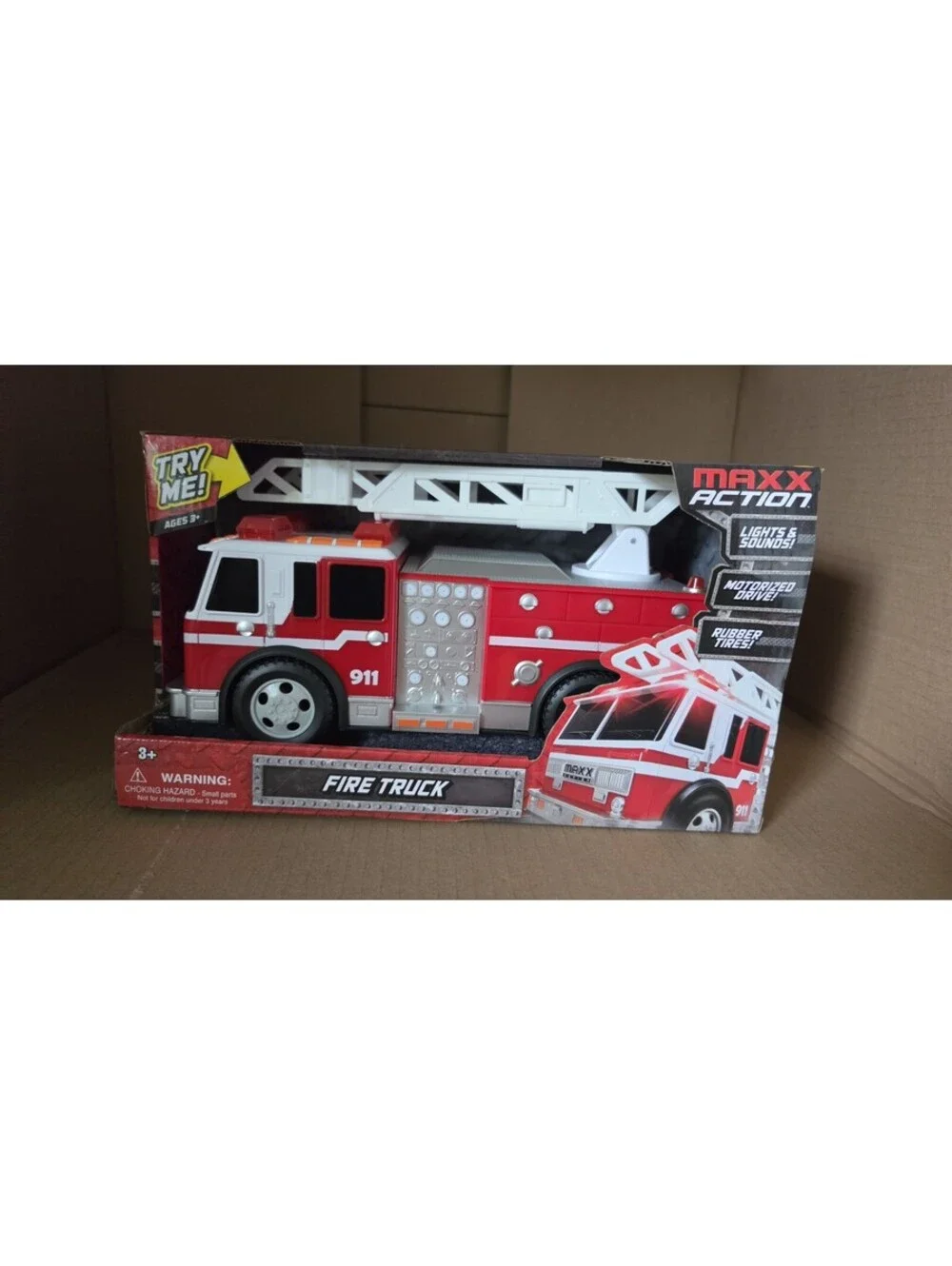 NEW MAXX ACTION MEGA MOTORIZED FIRETRUCK LIGHTS/SOUNDS, RUBBER TIRES LADDER, # 4